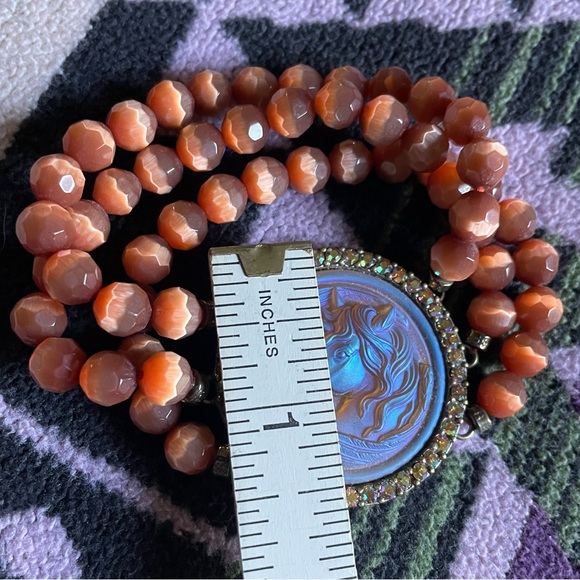 Kirks Folly Unicorn Rhinestone Brass-tone Cats Eye Beaded Bracelet Stretchy VGUC - Picture 9 of 11